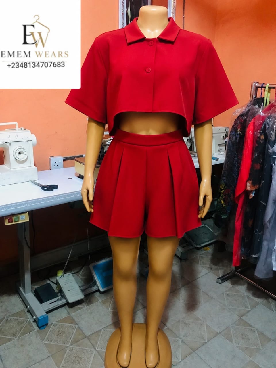 Red Crop Top & Flared Shorts Set